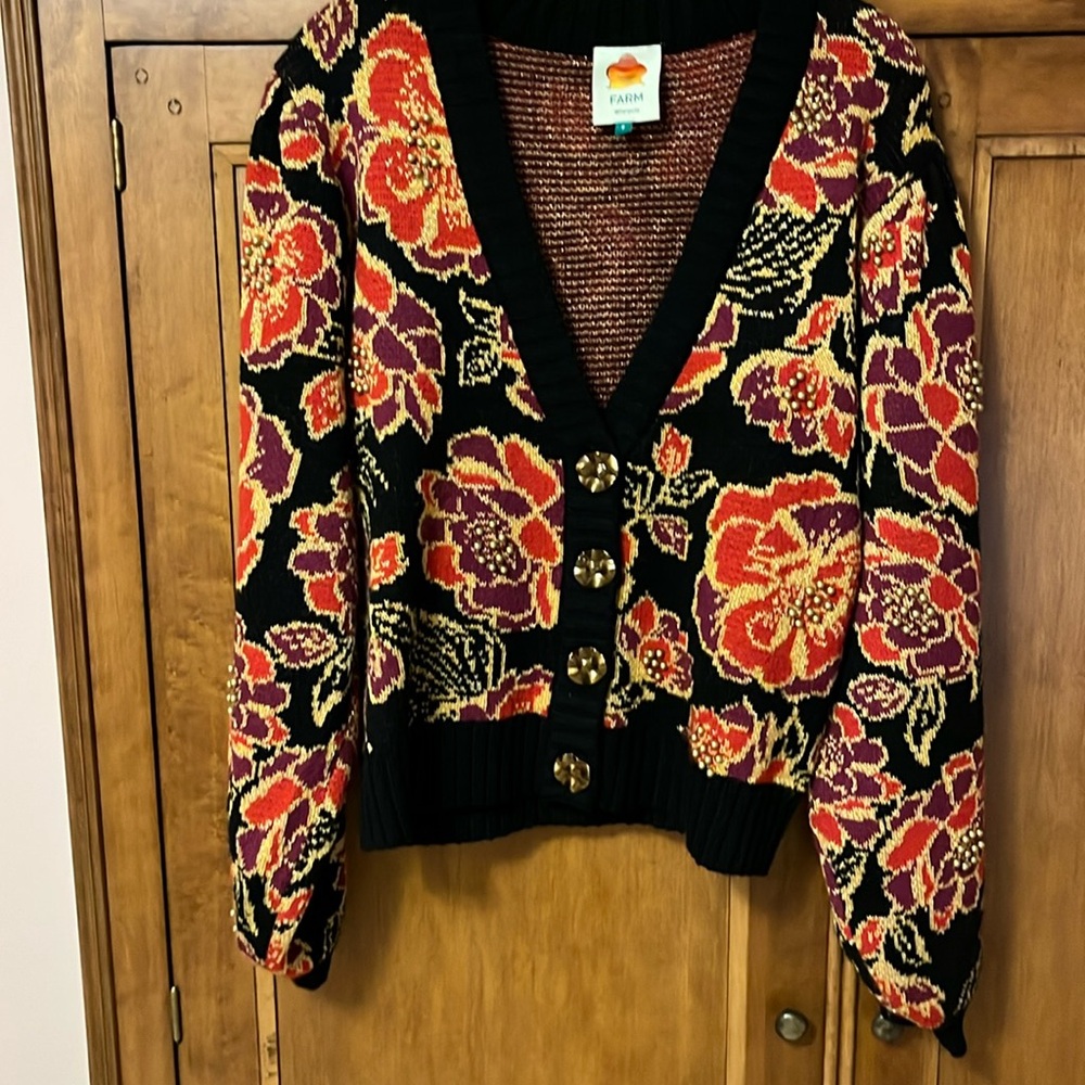 FARM Rio Black Floral Knit Cardigan with Red, Purple & Gold Accents